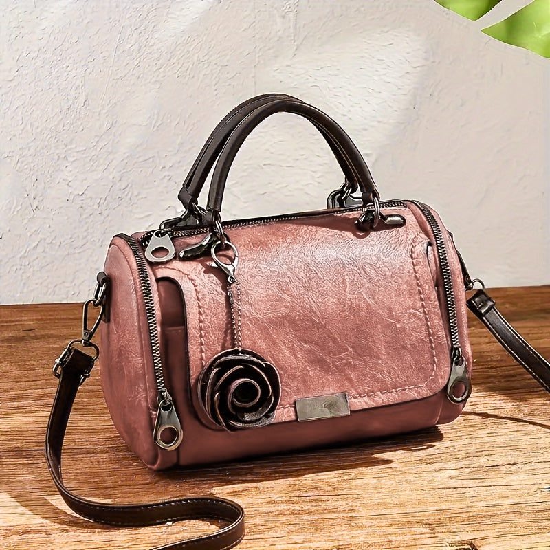 Vintage Inspired Rose Leather Satchel Purse