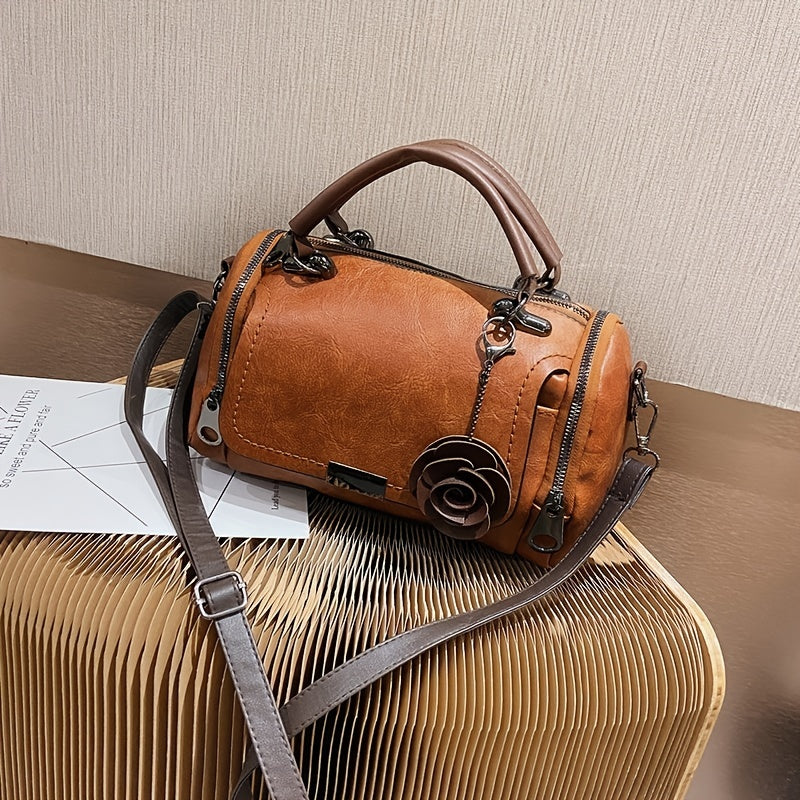 Vintage Inspired Rose Leather Satchel Purse